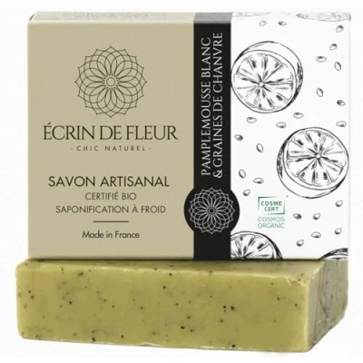 Abbildung von Écrin De Fleur Handgemachte Bio Peeling Seife für Männer mit Hanfsamenpulver, ätherisches Öl der weißen Grapefruit, Naturkosmetik, vegan, 1x90g