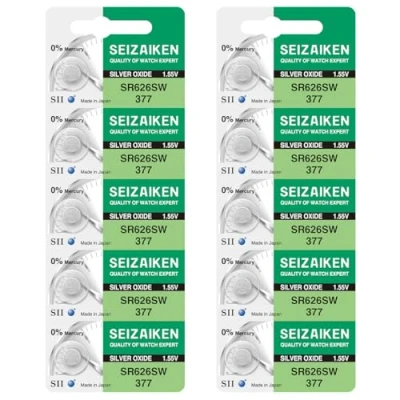 Abbildung von Seizaiken Seiko 377 SR626SW Uhrenbatterie, 1,55 V, 0 % Hg, Silberoxid, 10 Batterien, hergestellt in Japan