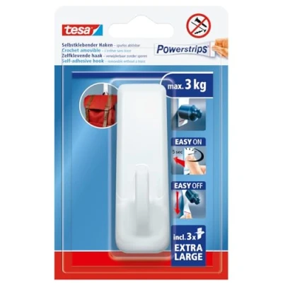 Abbildung von tesa Klebehaken Powerstrips XL Haken Rechteckig selbstklebend, extra starker Halt, (Packung, 1 St., Wandhaken mit bis zu 3 kg Halt pro Stück, Haken, Powerstrips), ablösbar, wiederverwendbar, weißer Dekohaken für Wände ohne Bohren