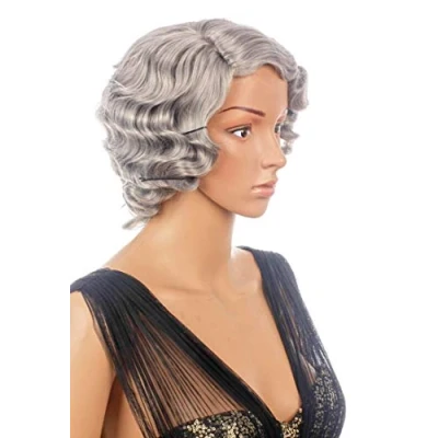 Abbildung von Prettyland Hell Grau Damen Oma Kurzhaar Perücke Kinnlang mit Locken lockig Retro Welle Seitenscheitel C983