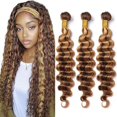 Abbildung von Tuheerst Extensions Human Hair Bundles Deep Wave Brasilianisches Echthaar Tressen Sew in P427 3 Bundlest Double Weft Brazilian Remy 34 Zoll