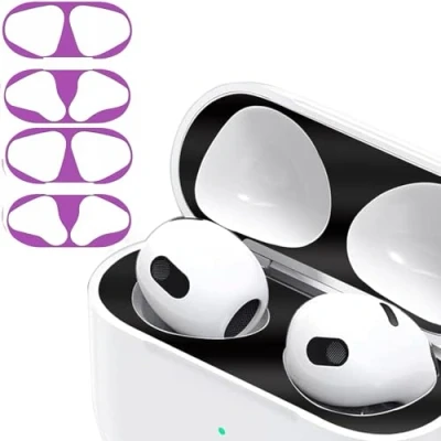 Abbildung von Staubschutz Sticker kompatibel mit AirPods 4（2024） Hülle, 2 Sätze Metallstaub Schutz Aufkleber, Ultraschlanke Folie, Überzug Staub schützen Drahtloser Ladekoffer (Purple+Purple)