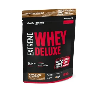 Abbildung von Body Attack Extreme Whey Deluxe Chocolate Coconut Cream, 900g Made in Germany Eiweißpulver mit Aminosäuren, Triple Complex, CFM Isolate, Protein Pulver, fettarm, zuckerarm