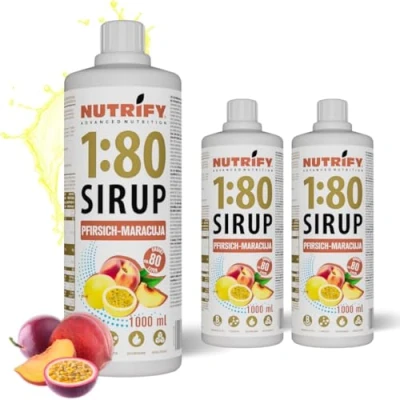 Abbildung von NUTRIFY Vital Fitness Drink 1:80 Sirup 3x 1 L Vorteilsset Pfirsich Maracuja, Getränkekonzentrat mit Vitaminen und Carnitin zuckerfrei ergibt 240 Liter Sportgetränk kalorienarm 3er Pack