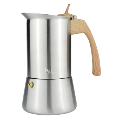 Abbildung von Milu Edelstahl Espressokocher Set, Holzoptik Griff, 200ml (4 Tassen), 1 von FROG.coffee