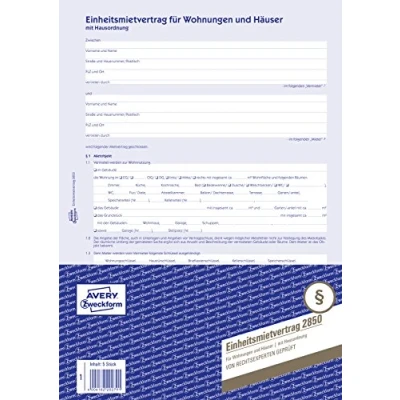 Abbildung von AVERY Zweckform 2850 5 Einheitsmietvertrag für Wohnungen und Häuser (Vertrag mit Hausordnung, regelt alle Punkte des Mietverhältnisses, 6 seitiges Formular in A4, selbstdurchschreibend) Stück, blau