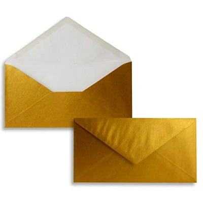 Abbildung von 200 Brief Umschläge Gold Metallic DIN Lang 110 x 220 mm (11 22 cm) Nassklebung ohne Fenster Ideal für Einladungs Karten Serie FarbenFroh