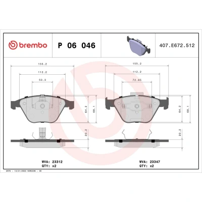 Abbildung von BREMBO P 06 046 Bremsbelagsatz für Verschleißwarnanzeiger vorbereitet mit Kolbenclip ohne Zubehör BMW: 3 Cabrio, Limousine, 5 Limousine