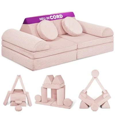 Abbildung von Linodino® Spielsofa Cord Fantasiewelt, Kindersofa Bausteine mit Bezug Stapelsteine für Kinder Kindercouch, Sofa Kuschelecke im Kinderzimmer Schaumstoff Softbausteine (Prinzessin Rosa)