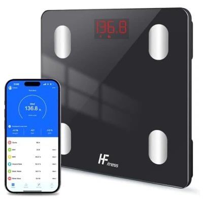 Abbildung von HF Körperfettwaage 19x Körperdaten Analysiert iOS und Android App intelligente digitale Personenwaage waage personnen körperwaage Körpergewichtsmesser BMI Bluetooth