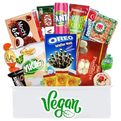 Abbildung von Vegane Süßigkeiten aus aller Welt Asiatische, afrikanische, osteuropäische, süd &amp; nord amerikanische Box Vielfältige Sweets Snacks Candy vegan Geschenk