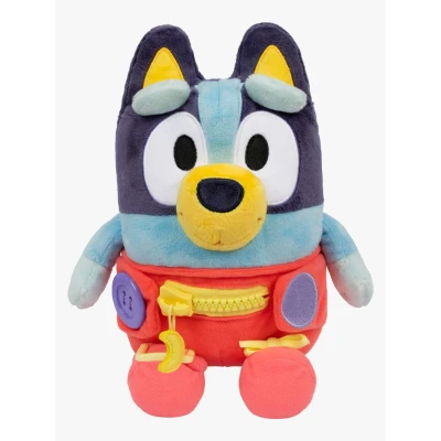 Abbildung von BlueY Anziehspaß Baby, Anziehen von Baby trainiert feinmotorische Fähigkeiten, superweiche, 25,4 cm große Plüschfigur mit Knöpfen, Reißverschluss, Schnalle und Schnürsenkeln.