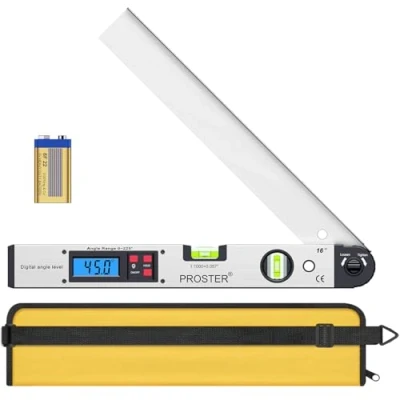 Abbildung von Proster Digitaler Winkelmesser 0 225 Digital mit Wasserwaage und LCD Beleuchtetung 400 mm / 16 Zoll Winkelmessgerät Batterie Tasche für Bedachungstechnik Silber