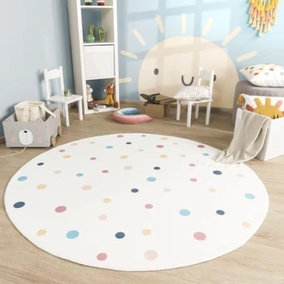 Abbildung von TT Home Babyzimmer Teppich Rund Kinderzimmer Waschbar Regenbogen Sonne, Farbe:Beige Blau Gelb, Größe:160 cm