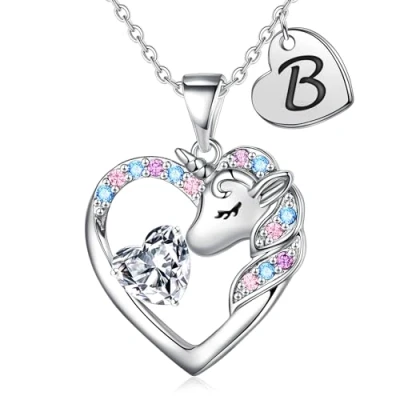 Abbildung von TINGN Geschenke für Mädchen Geschenk Einhorn 7 8 9 11 Jahre Kette mit Buchstaben B Silber Teenager