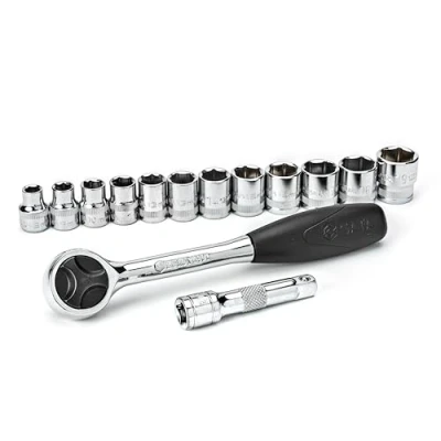 Abbildung von SATA ST09523 Steckschlüsselsatz, Knarrenkasten, Ratschenkasten 3/8&quot;/ 9,525 mm, Sechskant Metrisch mit Umschaltknarre, Steckschlüssel und Verlängerung in robustem Koffer, 14 Tlg.