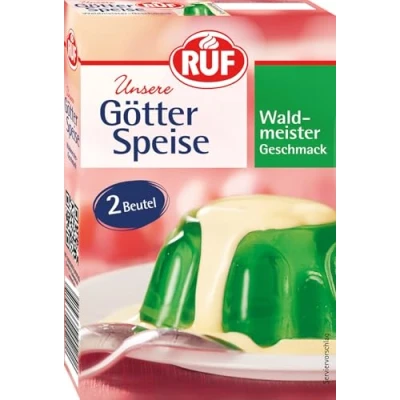 Abbildung von RUF Götterspeise Waldmeister, grüner Wackelpudding, Pulver für Götterspeise, einfache Zubereitung, nur Wasser &amp; Zucker hinzufügen