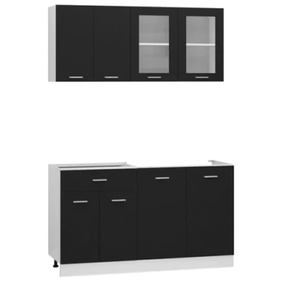 Abbildung von vidaXL Küchenzeile 4 TLG. Küchenschrank Einbauküche Küchenblock Hängeschrank Spülenunterschrank Schubunterschrank Hängeglasschrank Schwarz Holzwerkstoff