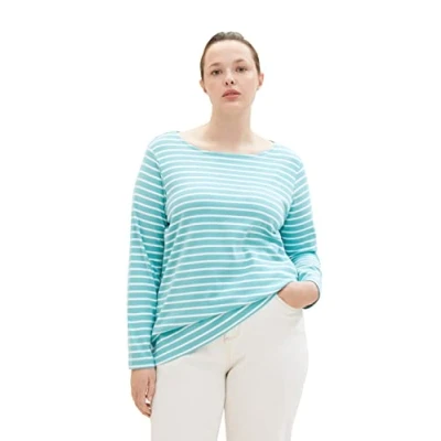 Abbildung von TOM Tailor PLUS Gestreiftes Langarmshirt, Damen, Größe: 44, Teal offwhite stripe
