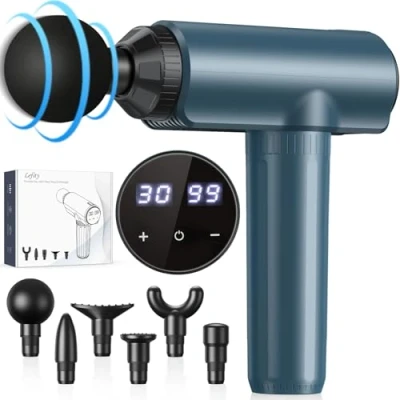 Abbildung von Massagepistole Massage Gun, Lefity Mini mit 30 Geschwindigkeiten und 6 Massageköpfen Handmassagegerät USB C Ladeanschluss Massagegerät für Nacken Schulter Rücken