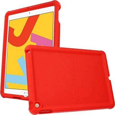 Abbildung von TECHGEAR Silikon Hülle für iPad 10.2 2021/2020/2019 (9. 8. 7. Generation) [Kinderfreundlich] Stark Schutzhülle Weicher rutschfeste stoßfeste verstärkte Ecken + Displayschutzfolie, Rot