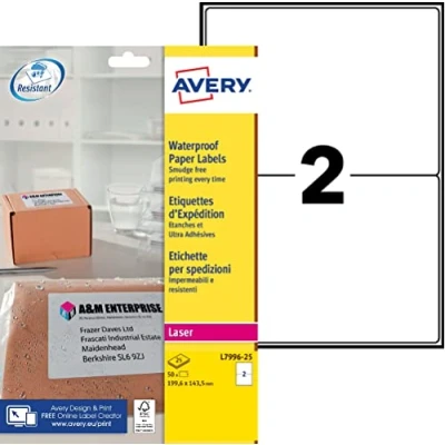 Abbildung von AVERY 50 x wasserdichte und hochhaftende Laser Etiketten (199,6 143,5 mm), Weiß