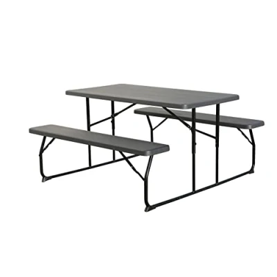Abbildung von Dynamic24 Bierzeltgarnitur Set Tisch 2 x Bank für drinnen draußen klappbar Kunststoff Holzoptik Gartengarnitur Klapptisch Gartentisch Campingtisch Bierbänke Gartenmöbel Sitzgruppe Möbel Sitzgarnitur