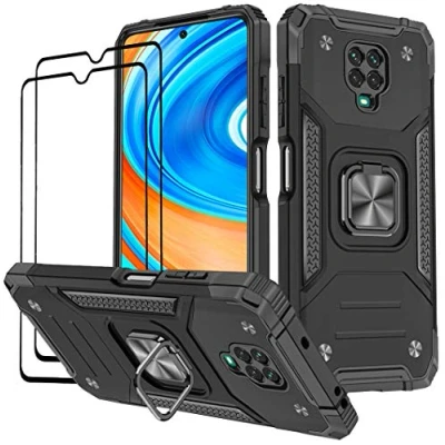 Abbildung von KANSi Hülle kompatibel für Xiaomi Redmi Note 9 Pro/Redmi 9S, Schutzfolie [2 Stück] Silikon TPU Hart PC Handy Hüllen 360 Grad Drehbar Ringhalter Bumper Stoßdämpfung Schutzhülle Schwarz
