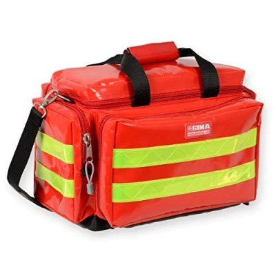 Abbildung von GIMA Smart Notfalltasche mit Trolley Medium, Farbe Rot, doppelte gelbe Streifen, Außentaschen, Innentaschen, abnehmbare Tasche transparentem Fenster, Größe 56 x 32,5 49 cm