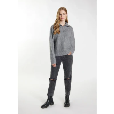 Abbildung von DREIMASTER Vintage Damen Rippstrick Troyer S / Grau Melange 49% recyceltes Polyester 23% Polyacryl 20% 6% Wolle 2% Elasthan