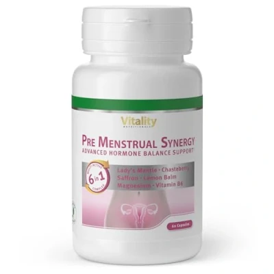 Abbildung von Pre Menstrual Synergy unterstützt bei typischen Regelbeschwerden. Innovative 6 in 1 Formel zur Unterstützung des weiblichen Hormonhaushalts