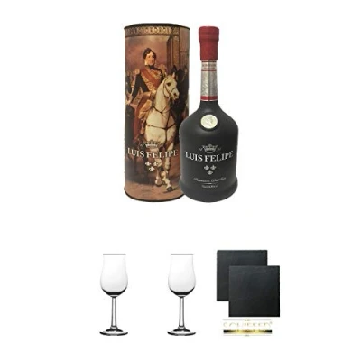 Abbildung von Luis Felipe Gran Reserva 60 Jahre Brandy 0,7 Liter + 2 Bugatti Nosing Gläser mit Eichstrich 2cl und 4cl Schiefer Glasuntersetzer eckig ca. 9,5 cm Ø