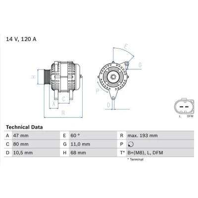Abbildung von BOSCH 0 986 042 820 Lichtmaschine 14V 120A IVECO: DAILY 3 Pritsche/Fahrgestell, Kasten/Kombi, Bus