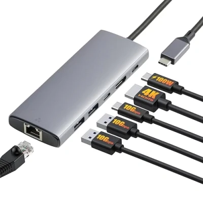 Abbildung von Amazon Basics 6 in 1 USB 3.1 Hub, C 100W PD Input, 2 A, C, HDMI 4K, Ethernet, Hellgrau, 11.94 x 4.6 1.5cm