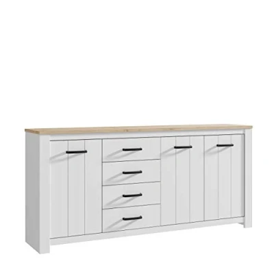 Abbildung von FORTE Elara Kommode mit 3 Türen und 4 Schubladen, Holzwerkstoff, Weiß Matt / Bianco Eiche, 206 x 95,7 42,2 cm