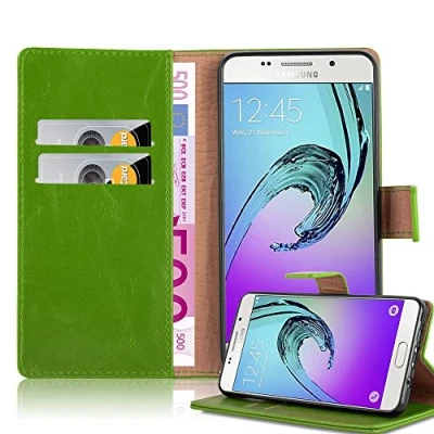 Abbildung von Cadorabo Hülle kompatibel mit Samsung Galaxy A5 2016 aus Premium Kunst Leder Flip Klappbare Stoßfeste Magnetische [Standfunktion] [Kartenfächern] Cover für Tasche in Grün