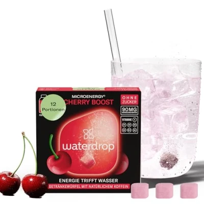 Abbildung von waterdrop® Microenergy CHERRY, Energy Drink Pulver, 12 Würfel Getränkepulver, KIRSCHE Geschmack, Zuckerfrei &amp; Kalorienarm, Mit 90 mg Natürlichem Koffein, Vitamin C B Flavour Drops
