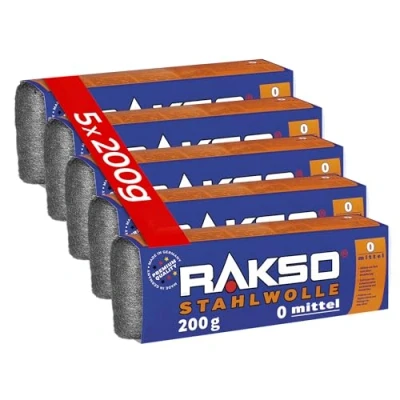 Abbildung von RAKSO Stahlwolle mittel 0 1 kg, 5 Banderolen à 200g, glättet Holz, entfernt Schmutz auf Kacheln/Steinböden, poliert Kupferrohre/Fittings