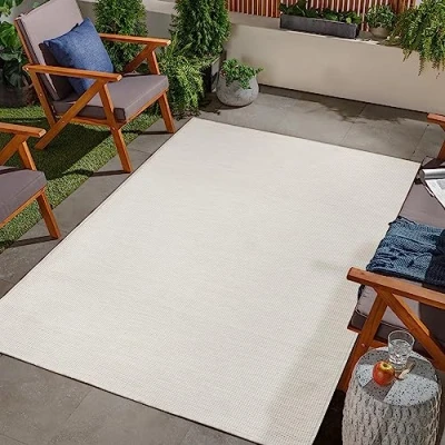 Abbildung von Jimri In &amp; Outdoor Teppich Wetterfester für Balkon, Terrasse, Garten, Wohnzimmer, Küche Strapazierfähiger Bodenteppich, Widersteht UV Strahlen Wasser Größe 120 x 160 cm, Weiß