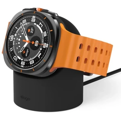 Abbildung von elago Ladestation für Samsung Galaxy Watch 7/7 Ultra / 6/6 Classic 5/5 Pro [40/43/44/45/47mm] Ladegerät, Nachttischmodus, Kabelmanagement [Kabel Nicht im Lieferumfang Enthalten] (Schwarz)