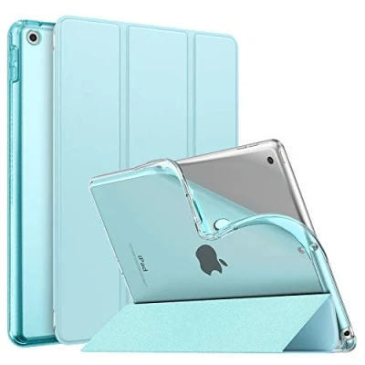 Abbildung von MoKo Hülle Kompatibel mit Neu iPad 9./8./7. Generation (2021/2020/2019), 10,2 Zoll Ständer, TPU Transluzent Matt Rückseite Cover Auto Schlaf/Aufwach Funktion, Himmelblau