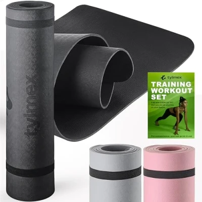 Abbildung von Tylmex Yogamatte TPE rutschfest &amp; umweltfreundlich Dünne Sportmatte 6mm für Damen Herren Fitness Gymnastik Matte Yoga, Pilates, Workout 183x61 cm, mit Tragegurt Schwarz