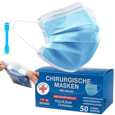 Abbildung von Medizinisch Type IIR Norm EN14683 zertifizierte Mundschutzmasken OP Masken 3 lagig Mundschutz Gesichtsmaske Einwegmaske BFE ≥ 98% surgical mask (50 Einheiten (1 Stück), Blue, 50)