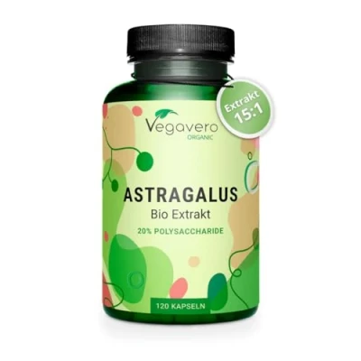 Abbildung von Bio Astragalus Kapseln hochdosiert Premium: 11.250 mg Pulver aus 750 Extrakt (15:1) 20% Polysaccharide Laborgeprüft Vegan Ohne Zusatzstoffe Deutsche Produktion Vegavero®