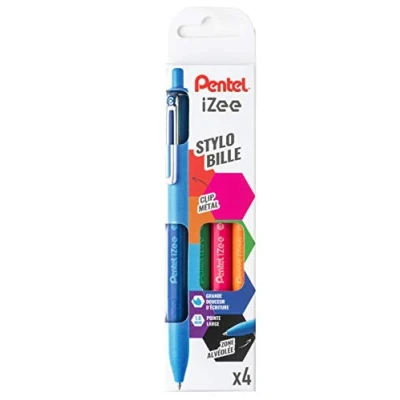 Abbildung von Pentel IZee Kugelschreiber, einziehbar, mit Metallclip Pochette de 4 Blau/Grün/Orange/Rosa.