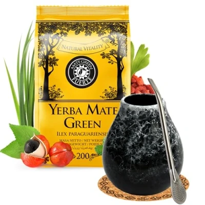 Abbildung von Yerba mate tee Starter Set mit Green Fuerte 200g ● Keramik becher Marmol 350ml Brasilianischer Matetee Kräutern Edelstahl trinkhalm Bombilla Liza und Korkpad