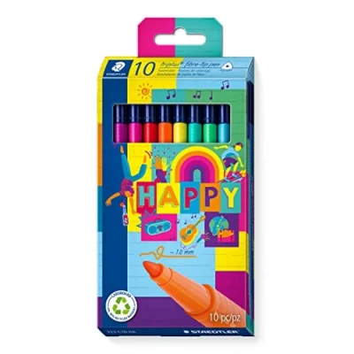 Abbildung von STAEDTLER Fasermaler triplus Happy, ergonomischer Dreikantschaft, Linienbreite 1,0 mm, lange Lebensdauer, 10 fibre tip pens in sortierten Happy Farben im Kartonetui, 323 C10 HA