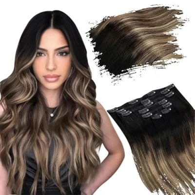 Abbildung von Ugeat Clip Extensions Echthaar Schwarz Braun Haarverlängerung in zu mit Karamellbraun Haarextension Clips 7 Stück Doppelt Tressen 35cm 105g