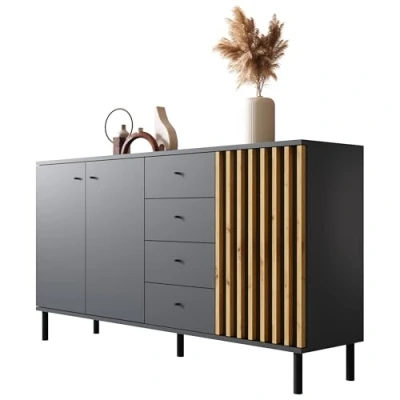 Abbildung von Newroom Sideboard Anthrazit Wildeiche Modern Vintage 160x85x40 cm (BxHxT) Highboard Anrichte [Ebono.Three] Wohnzimmer Schlafzimmer Flur Esszimmer
