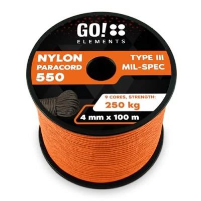 Abbildung von GO!elements 100m Paracord Seil aus reißfester Nylonschnur 4mm 550 Typ III Schnur geeignet als Allzweckseil &amp; Reepschnur Max. 250kg, Farbe: Orange